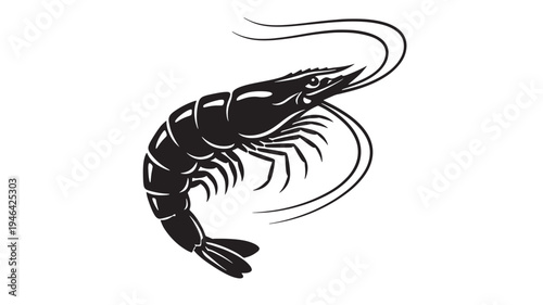 Shrimp silhouette with flowing antennae and segmented body in a dynamic pose, vector illustration. featuring prawn, crustacean, seafood with icon and