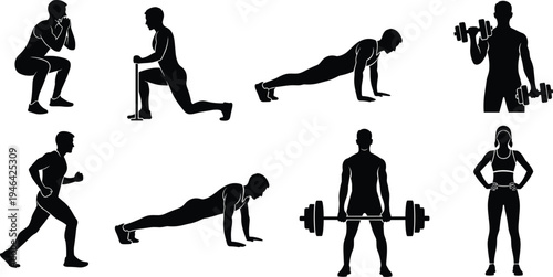 Fitness workout silhouettes collection showing athletes doing push ups squats running weightlifting and resistance training isolated on white background gym exercise vector set