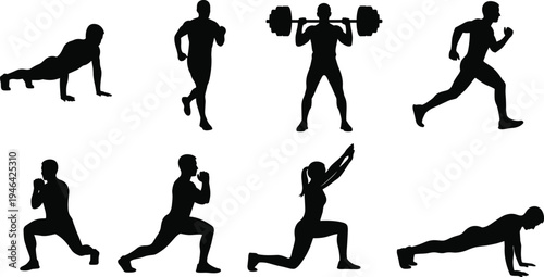 Fitness workout silhouette collection featuring running athlete, push up exercise, weightlifting, lunges and strength training poses isolated black vector set for gym and sport design