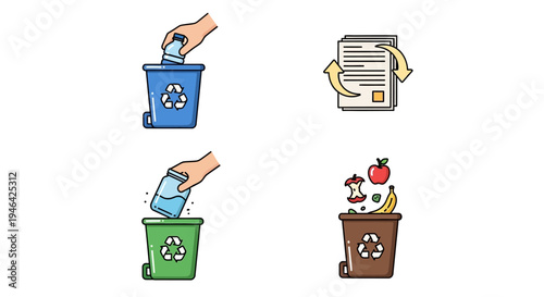 Set of icons depicting hands sorting plastic, paper, food waste, and general trash into respective recycling and garbage bins, isolated white background.