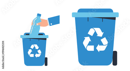 Hand placing a plastic bottle into a blue recycling bin with a recycling symbol, isolated white background.