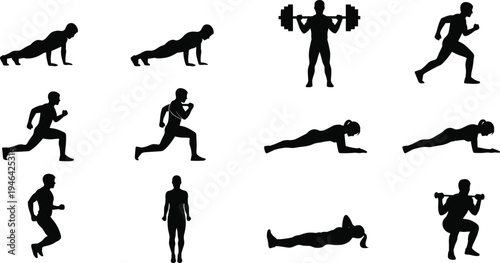 Fitness workout silhouette collection featuring running, push ups, weightlifting, squats and gym training exercises isolated black vector athlete sport activity icon set