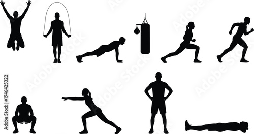 Fitness workout silhouette set with men and women performing jumping, push ups, running, squats, lunges and jump rope exercises isolated on white background