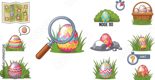 A fun collection of vibrant cartoon Easter eggs hidden in various locations, ready for an exciting digital scavenger hunt game.