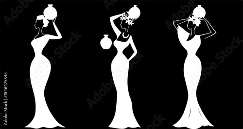 Three elegant women in dresses carrying jars isolated on transparent background