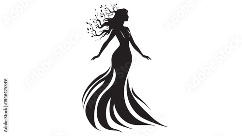 Woman silhouette elegant flowing gown with tree branches and leaves growing from her hair and swirling with the dress