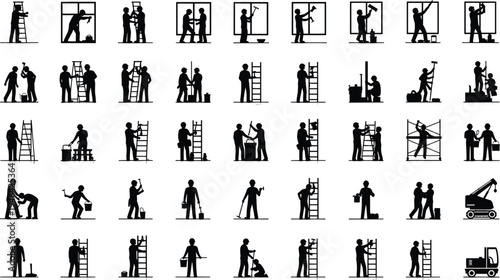 Construction worker silhouette set with ladder painting hammer tools repair maintenance activities collection industrial labor icons isolated vector illustration