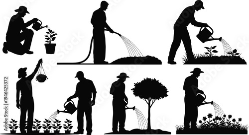 "Collection of six gardening silhouettes showing people watering plants with cans and hoses, representing plant care, maintenance, growth, sustainability, and outdoor activity"