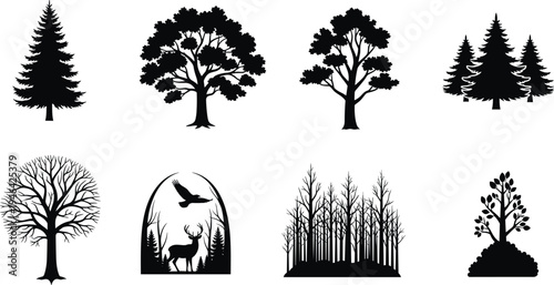 Forest tree silhouette collection with pine, oak, woodland trees, deer and bird wildlife scene, nature landscape elements isolated black vector illustration set