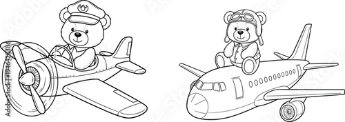 Cute teddy bear pilot flying airplane cartoon coloring page with aviation theme children illustration line art aircraft adventure activity