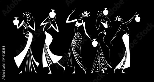 Elegant couple dancing tango in stylish silhouettes isolated on transparent background
