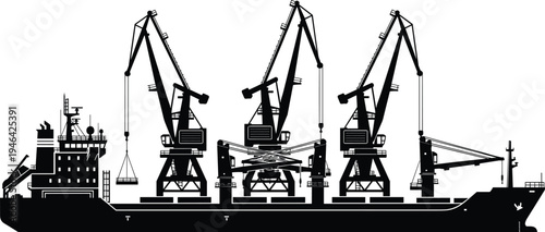 Cargo ship with container cranes silhouette, industrial port logistics transport vessel, maritime shipping industry, harbor loading operations, freight transportation, seaport infrastructure vector 