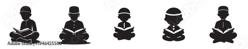 vector silhouette of a little boy sitting reading the Quran front view