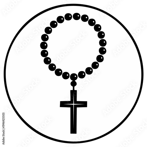 Black and white illustration of a rosary in a circle