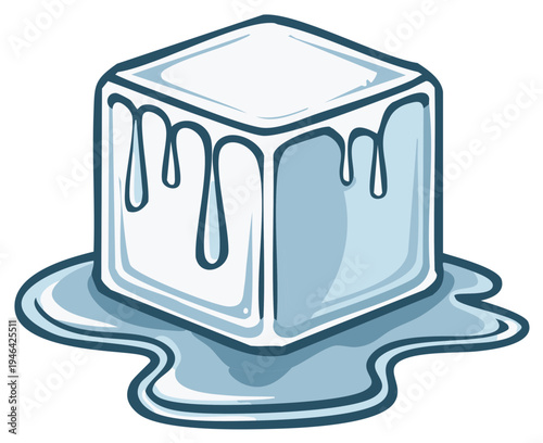 Cartoon Ice Cube Melting with Water Puddle Graphic Element Cool Beverage Refreshment