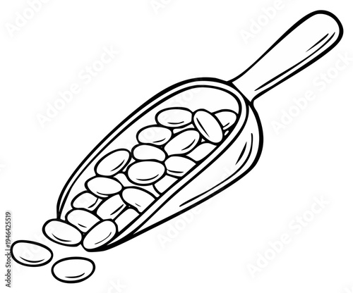 Wooden Scoop Filled with Beans Line Art Illustration for Recipe Book or Packaging Design