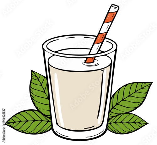 Refreshing creamy beverage in a clear glass with a striped straw and green leaves