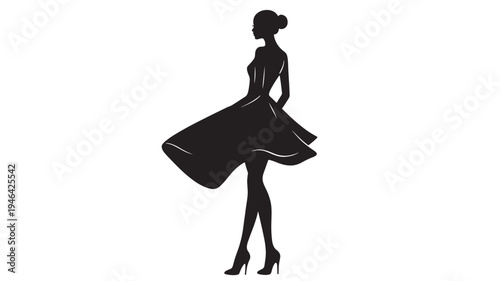 Silhouette woman in elegant flowing dress and high heels, poised for a dance or formal event against white background.