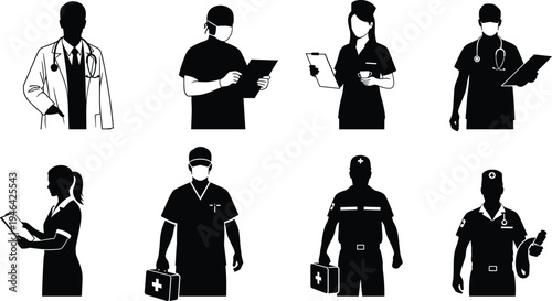 Medical staff silhouettes collection featuring doctor nurse surgeon paramedic and healthcare workers holding clipboard and medical kit isolated on white background vector illustration set