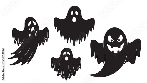 Ghosts set with different expressions and styles, isolated on white background for Halloween celebrations and decorations.