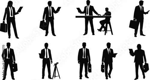 Minimalist business professional silhouettes collection featuring men and women in corporate attire with briefcases, tablets, and documents, ideal for teamwork, office, and corporate design projects.