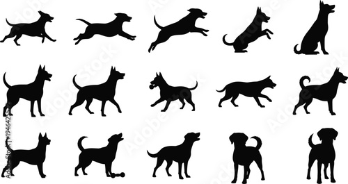 Minimalist dog silhouettes collection featuring various poses including running, jumping, sitting, barking, and playing, perfect for pet design, animal illustration, and canine behavior projects.