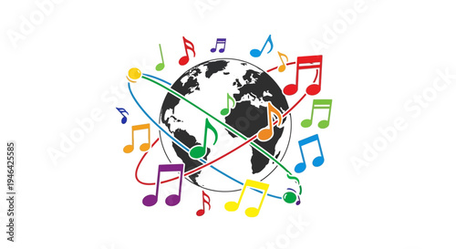Globe with colorful music notes around.