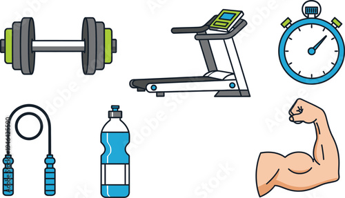 A vibrant collection of essential gym and workout icons depicting various fitness equipment and health-related items for exercise and sports activities.