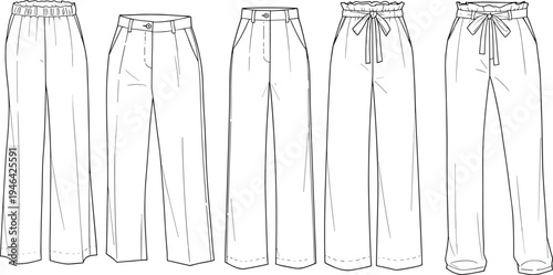 CAD drawing flat vector illustration of women’s wide-leg trousers set front view, technical fashion sketch apparel design template