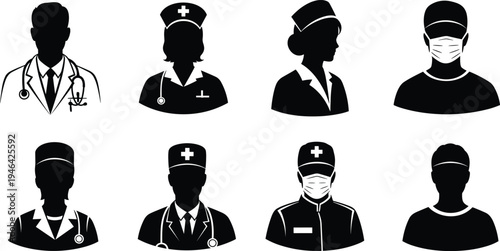 Medical staff silhouette icon set with doctor, nurse, surgeon and healthcare workers wearing mask and uniform isolated black vector avatars for hospital and clinic