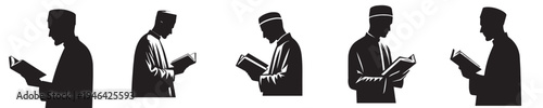half body vector silhouette of a man standing reading the Quran side view
