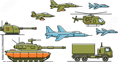 Military vehicles and aircraft collection with fighter jets helicopter tank artillery truck defense equipment cartoon vector illustration isolated set