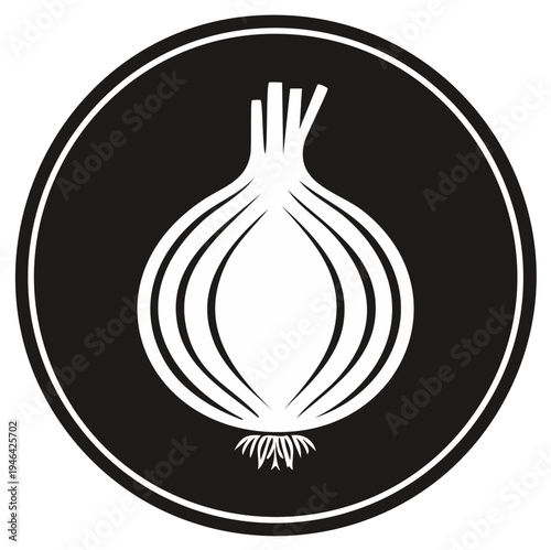 Vector graphic of a sliced onion in a black circle icon