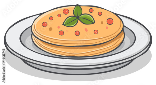 Fluffy stack of savory crepes topped with fresh basil and diced tomatoes on a white plate