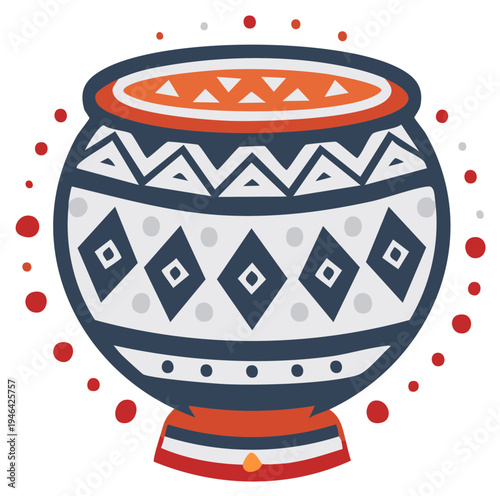Decorative tribal patterned ceramic pot with geometric designs and colorful accents