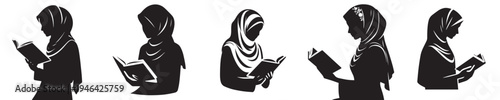 half body vector silhouette of a woman standing reading the Quran side view