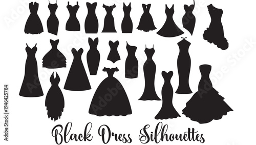 Dresses silhouette set featuring various styles from casual to formal, perfect for fashion design elements