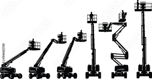 Silhouette set of aerial work platforms and boom lifts with workers at different heights construction maintenance equipment isolated industrial machinery collection vector style illustration