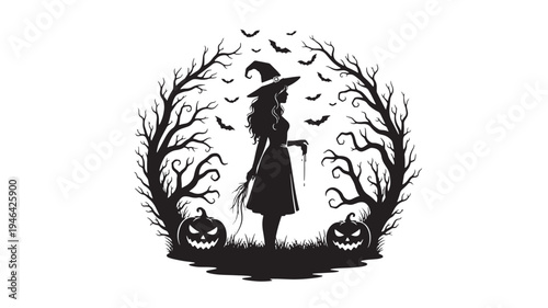 Witch silhouette in a graveyard with pumpkins, bats, and bare trees against a white background for Halloween.
