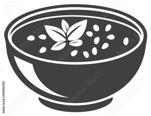 Vector icon of a warm bowl of soup or stew with legumes and fresh herb garnish