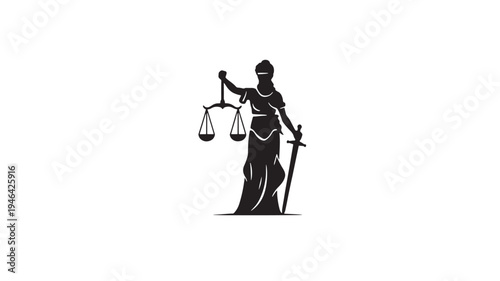 Lady Justice silhouette with scales and sword, representing law and justice in a clean, stylized black and white design on a white background.