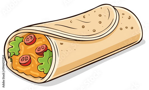 Cartoon burrito wrap with lettuce, sliced sausages, and sauce illustration, stylized fast food meal.