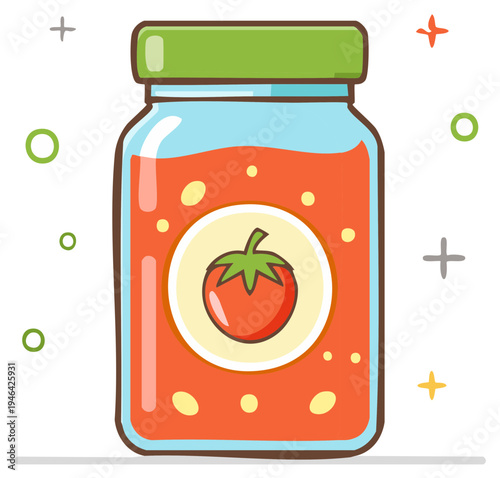 Cute cartoon illustration of a glass jar of homemade tomato sauce or ketchup