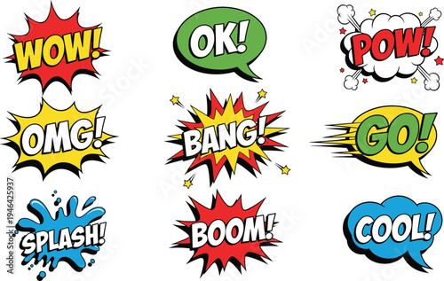 Comic speech bubbles with wow pow bang boom omg cool splash go text, pop art comic sound effects