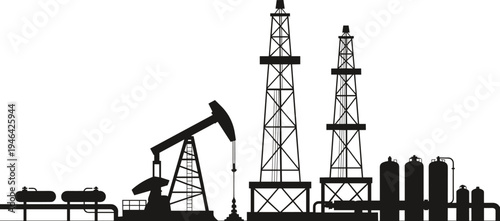 Black and white silhouette of oil drilling rigs and industrial storage tanks