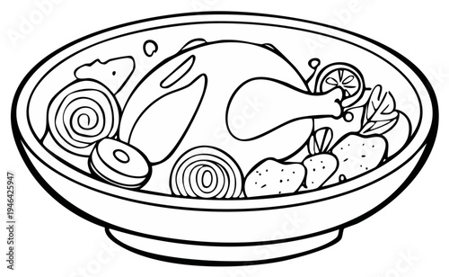 Wholesome Roast Chicken and Vegetables Outline Art for Culinary Projects