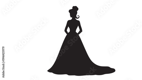 Silhouette of a woman in a full ball gown with an elegant updo hairstyle against a clean white background