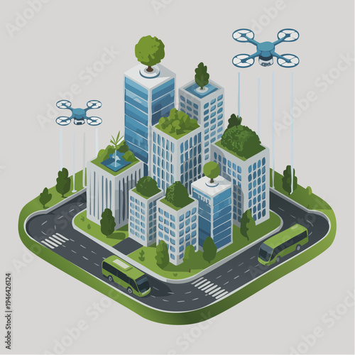 Isometric illustration of a modern smart city with green buildings, public transport, and drones, showcasing urban sustainability and technology.