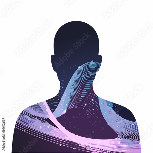 Human silhouette filled with a swirling cosmic pattern of stars and nebulae, representing inner thoughts and the vastness of the mind.