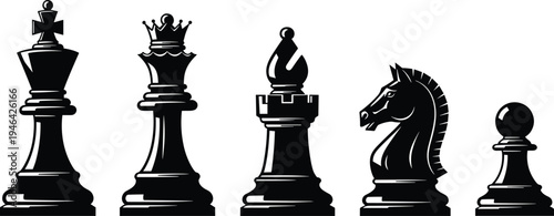 Five black chess pieces including king queen rook knight and pawn on white background